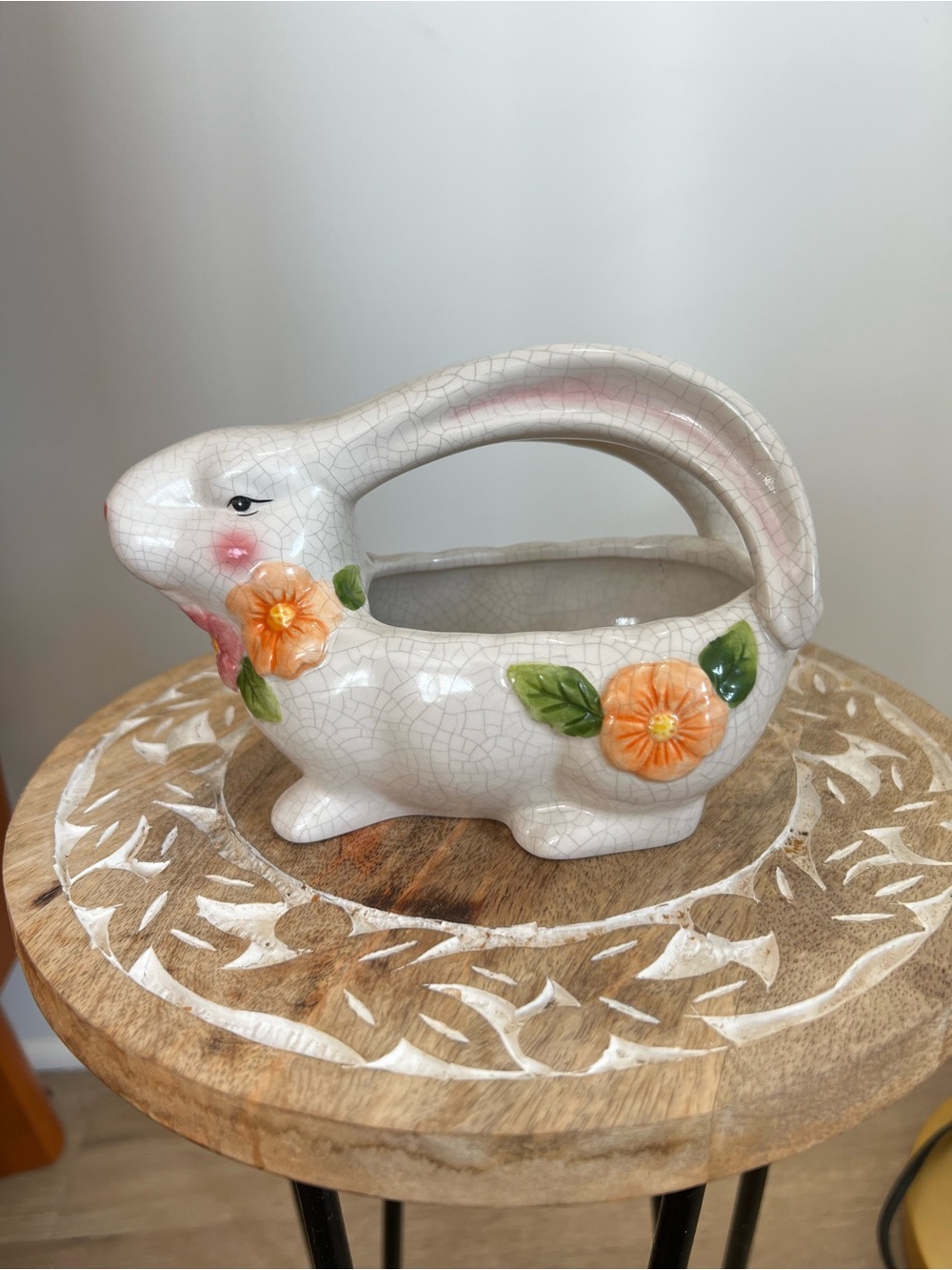 VTG 90’s Ganz Long Ears Ceramic White Bunny Planter with Orange Floral Accents